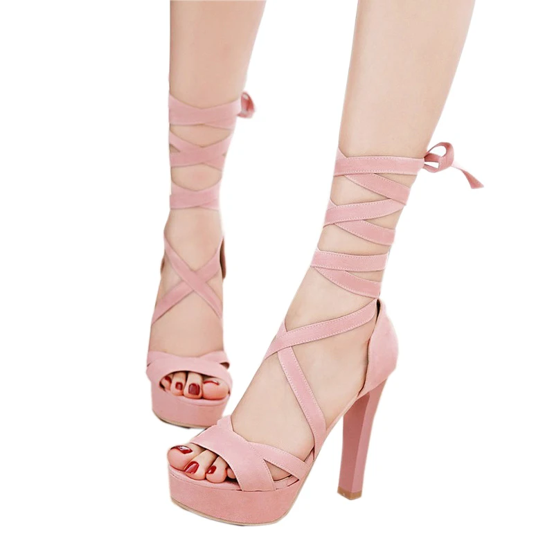 

Shoes For 2021 Women Summer Pink Suede Lace-up Platform Stiletto Super High Heels Lady Party Wedding Sandal Cross Strap Catwalk