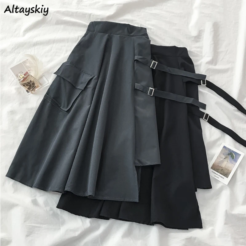 

Mid-calf Skirts Womens Retro High Waist Asymmetrical Lace Up Side Pocket Student Harajuku Feminio Pure Autumn Korean Style Teens