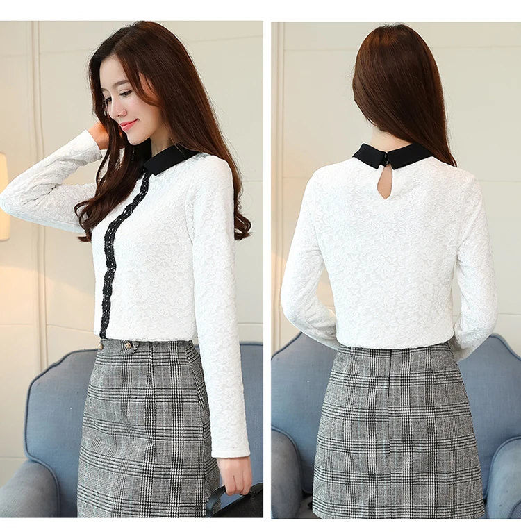 белая блузка с длинными рукавами Модная открытая кружевная рубашка 2018