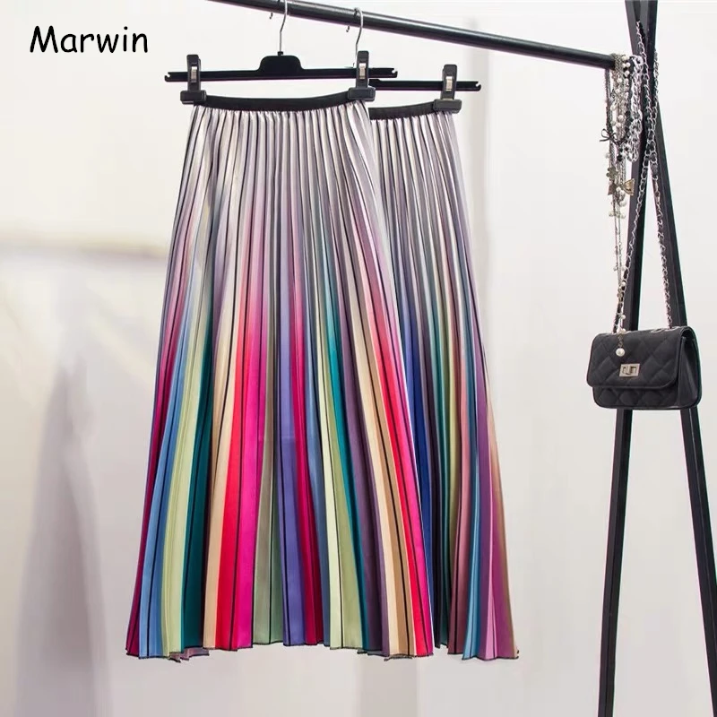 

Marwin 2019 Spring New-Coming Women Skirts Rainbow Striped A-line Mid-Calf Skirts High Street European Style High Quality Skirts