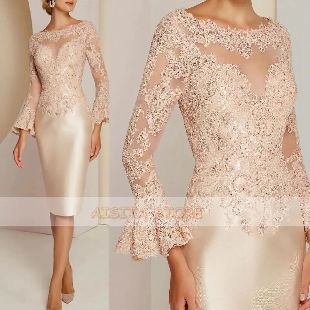 

Gorgeous Short Champagne Mother of the Bride Dresses 2021 Lace Long Sleeve Bateau Neck Beading Wedding Knee Length Guest Gowns