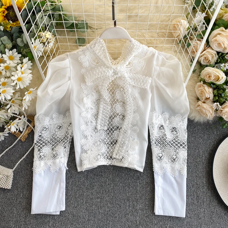 

Woman Shirts Long Batwing Sleeve Bow Collar Shirt Vintage French Style Lace Solid Patchwork Shirts Sexy Hollow Out Short Shirt
