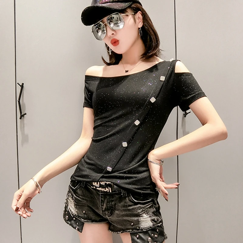 Женская облегающая хлопковая Футболка с вырезом лодочкой и открытыми плечами