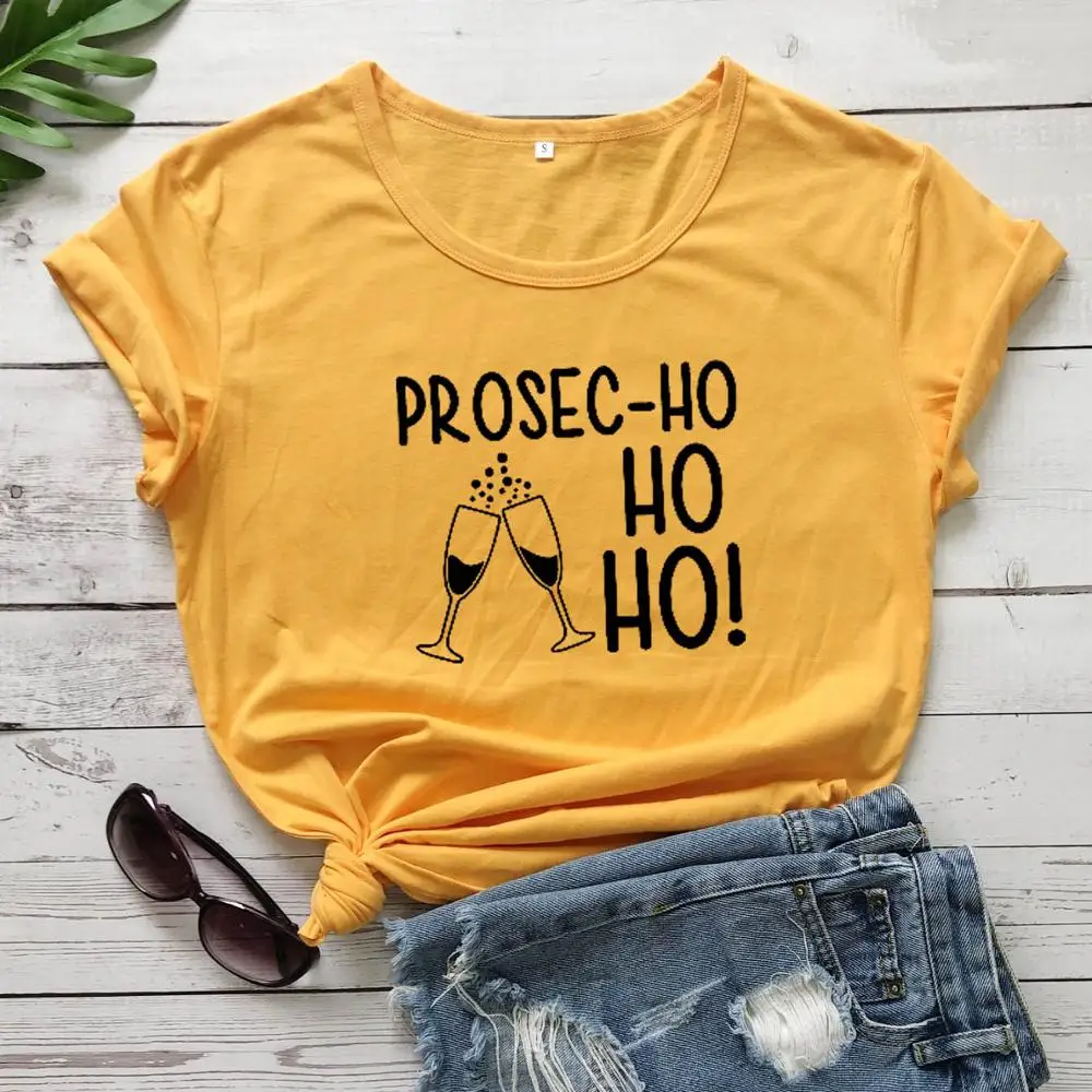Yellow - black txt Prosec-Ho футболка Праздничная Женская забавная Рождественская футболка Prosecco милый Графический kawaii подарок слоган Чистый хлопок гранж футболки tumblr Топ - Цвет: Yellow - black txt