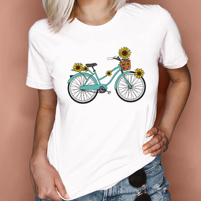 

Women Graphic Flower Bike Bicycle Web Style Trend Fashion 90s Short Sleeve Lady Clothes Tops Tees Print Female Tshirt T-Shirt