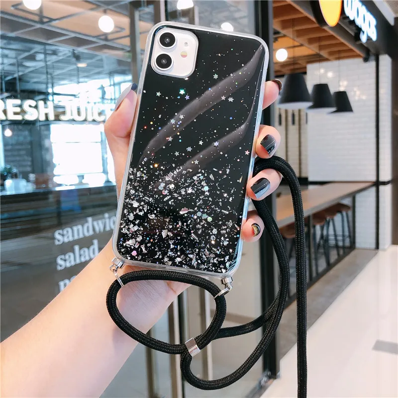 

Bling Glitter Stars Sequins Cord Chain Lanyard Phone Case For iPhone 11 Pro XS Max 12 MiNi XR X 6S 7 8 plus for samsung S8 S9