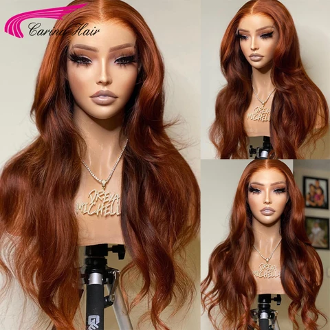 Парики из натуральных волос темно-оранжевых 13x4, 180% объемные волнистые парики коричневого имбирного цвета на фронтальной сетке для женщин, предварительно выщипанные