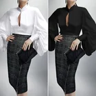 ZANZEA женская блузка с длинными рукавами-фонариками, с v-образным вырезом, элегантная, повседневная, свободная, для работы, однотонная, размера плюс, 7