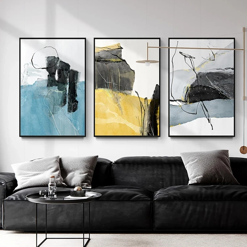 

Abstract Geometric Wall Art Blue Yellow Gray Block Prints Posters Canvas Painting Wall Pictures for Living Room Home Decoration