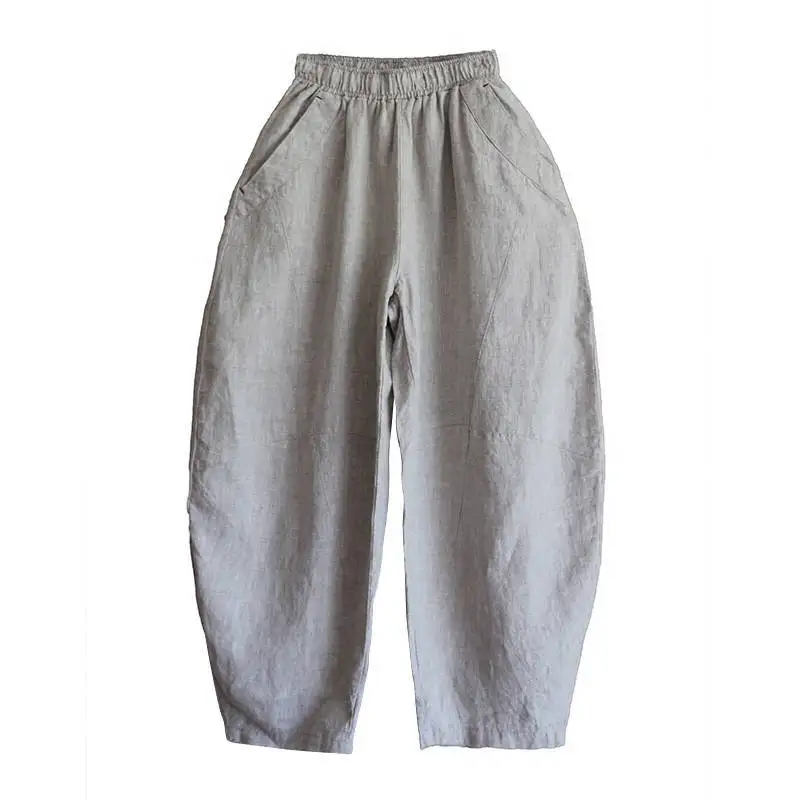 

New Women Casual Basic Pant Trousers Imitation Cotton Linen Elastic Plus Size S~4XL