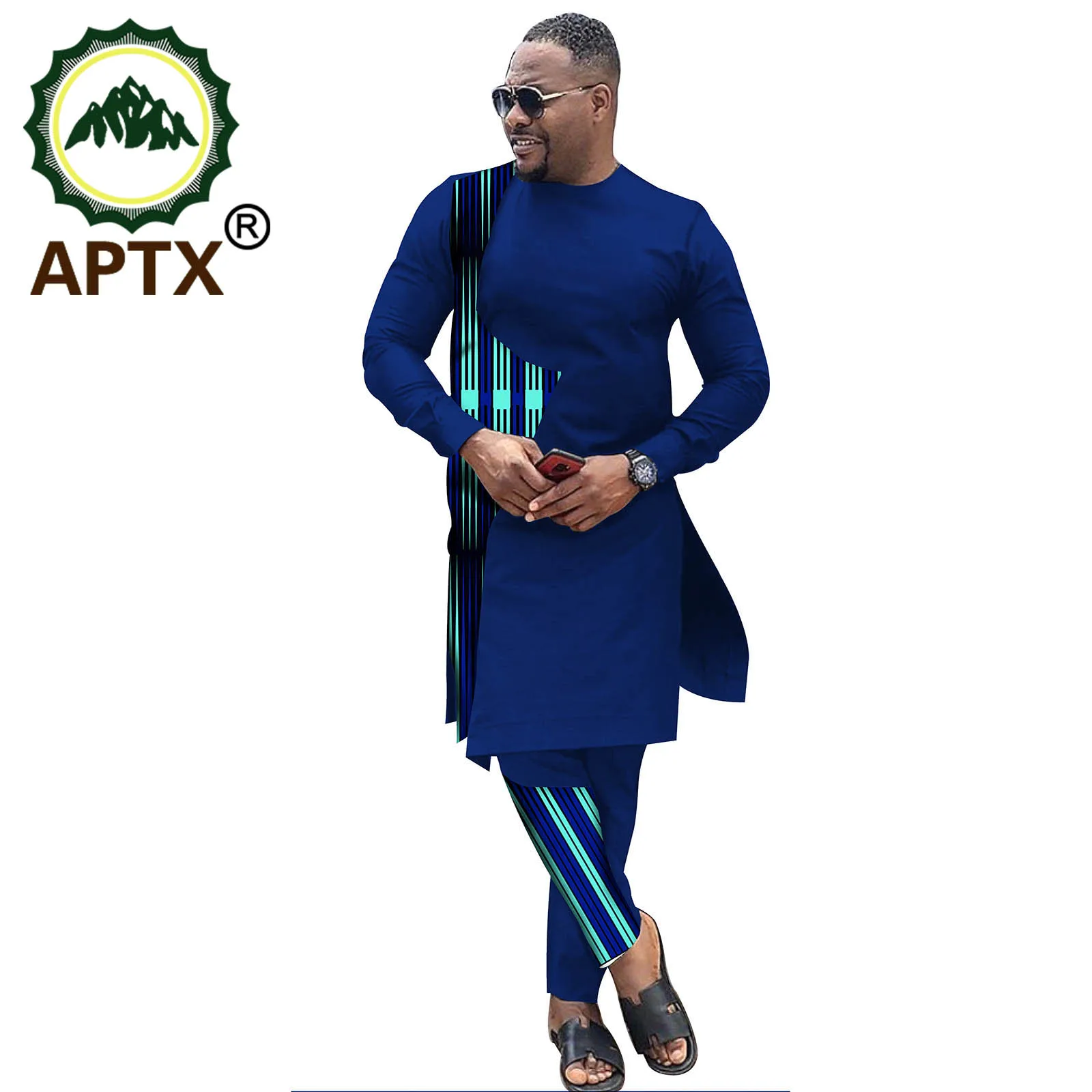 African Clothes For Men Dashiki Ankara Bicolor Robe Wax Personality Crew Neck Colorful Long Sleeve Male Contracted Set Suit