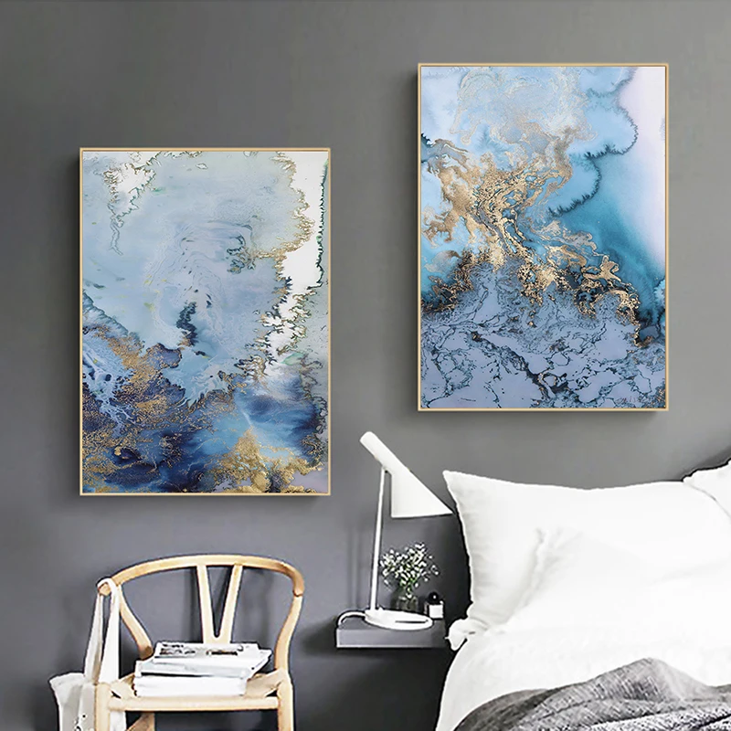 Течет золотой голубой Фольга холст картины роскошный Плакаты настенный