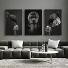 Сексуальная Африканская женщина с серебряными украшениями, настенные художественные плакаты, 3 панели, черная модель, холст, картины, модульные картины, домашний декор, Таблица