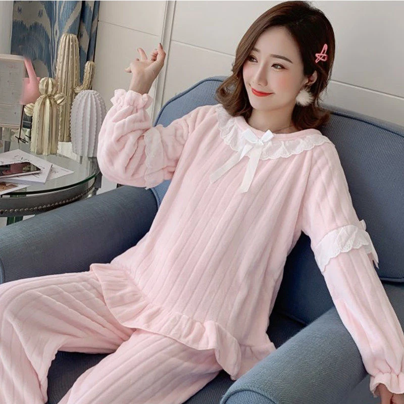 Женская пижама из кораллового бархата комплект одежды для сна фланелевая