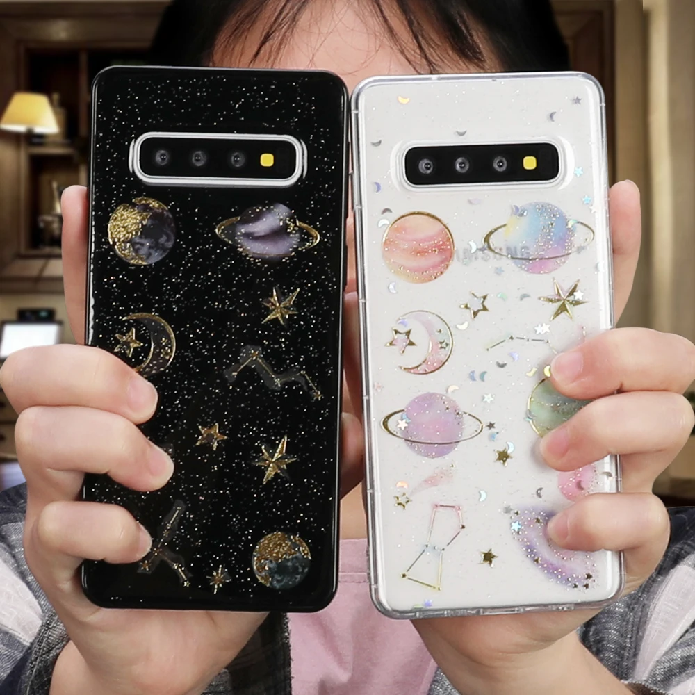 SUYACS Блестящий порошковый чехол для телефона с планетой для samsung Note10 A50 S10e S9 S8 Plus A30 A40 A60 A70 прозрачный мягкий EpoxyBack чехол