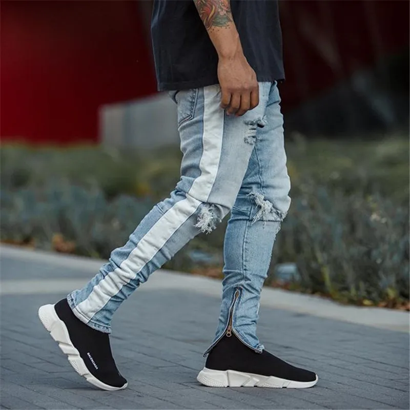 

Skinny Jeans men Streetwear Jeans Homme Hip Hop broken hole male Pencil pants Biker Pants Striped pants