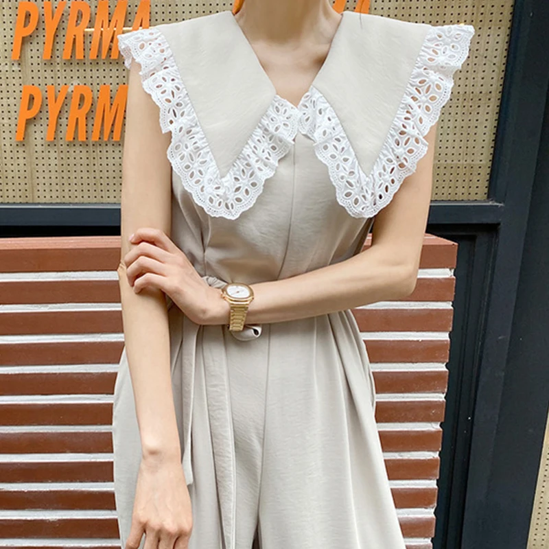 

new arrival fashion summer korean style jumpsuit women OL elegant sleeveless lace temperament young fresh wide leg long jumpsuit