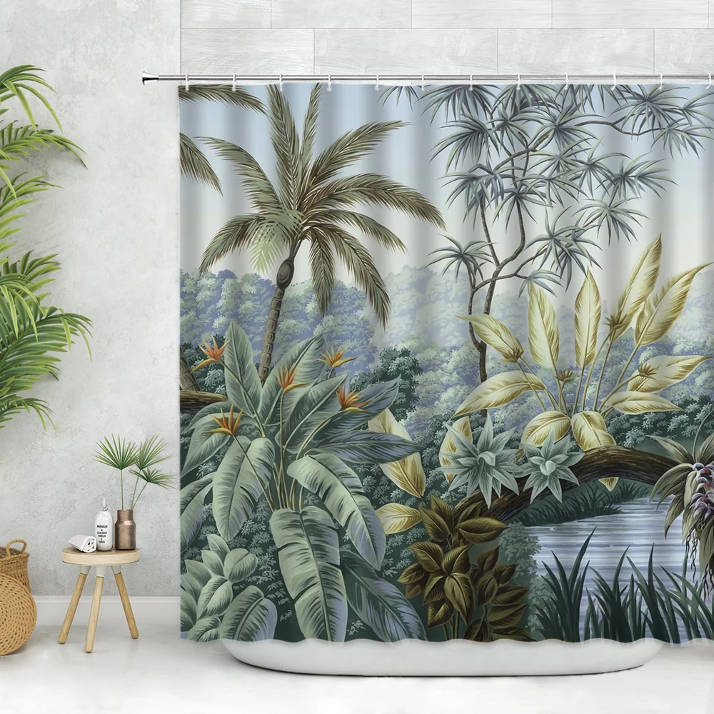 

Тропическая занавеска для душа в джунглях, пальма, растение, Зеленый лист, лес, пейзаж, украшение для ванной комнаты, настенная подвесная зан...