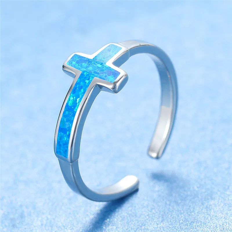 

Classic Female Blue Cross Opal Open Ring Elegant Silver Color Love Engagement Ring Trendy Bride Thin Wedding Rings For Women