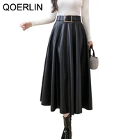 qoerlin sashes leather skirts women autumn winter 2022 new high waist pleated skirts long maxi saias back zipper fly pu skirt