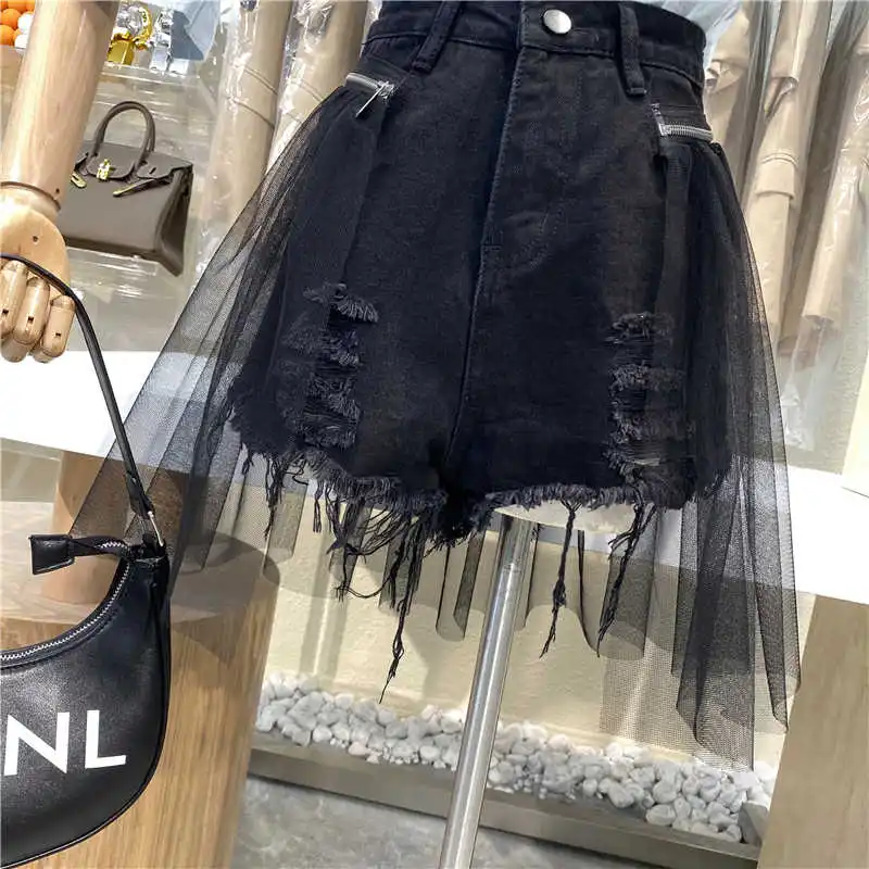 

SHENGPALAE Personality Zipper Spliced Mesh High Waist Short Jeans Women's Summer 2021 New White Streetwear Denim Shorts Female