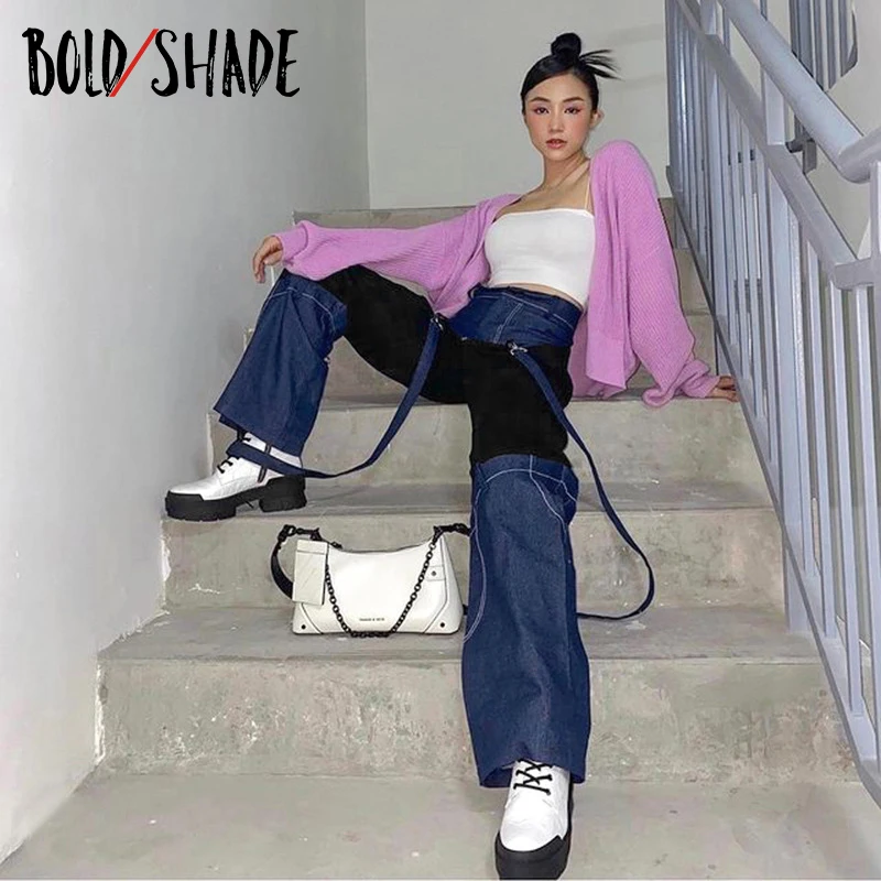 

Bold Shade Streetwear Grunge Fashion Jeans Patchwork Chain Loose Women Straight Denim Pants 90s Style High Waist Indie Trousers