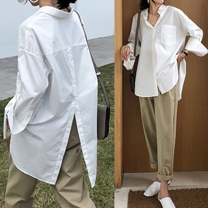 

Women White Shirt 2021 Oversized Shirts Fashion Lapel Casual Solid Long Sleeve Buttons Asymmetrical Top Autumn Womens Shirts