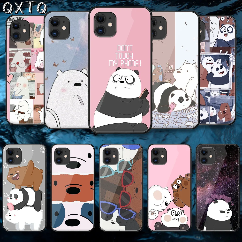 

QXTQ Three Bare Funny Bear Tempered Glass Phone Case Cover For IPhone 5 6 7 8 11 12 S Plus Xr X Xs Pro Max Mini Se 2020 Black