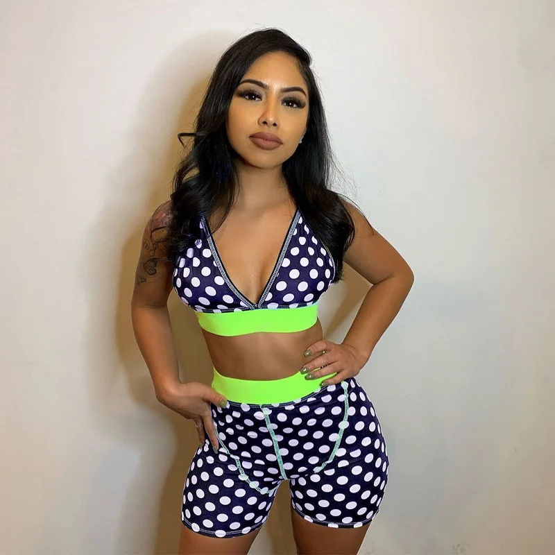 

Zoctuo Shorts Sets 2021 Women 2 Pieces Wave Point Print Patchwork V Neck Vest Crop Top Sleeveless Shorts Streetwear Sportswear