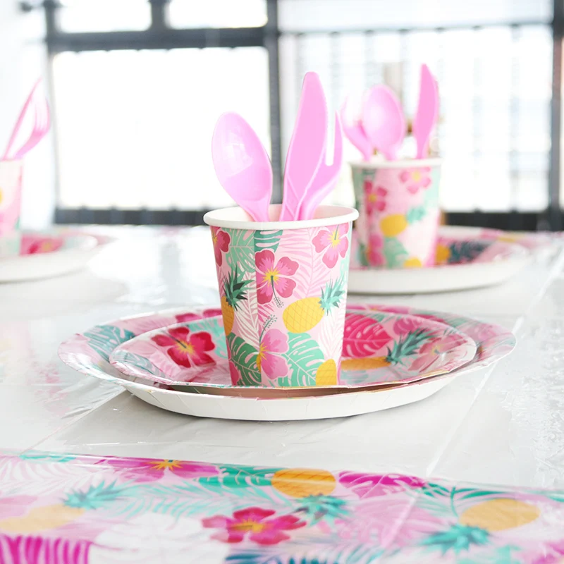 

Girl birthday party paper disposable tableware Pink flower printing Summer tropical party hawaii wedding table decoration