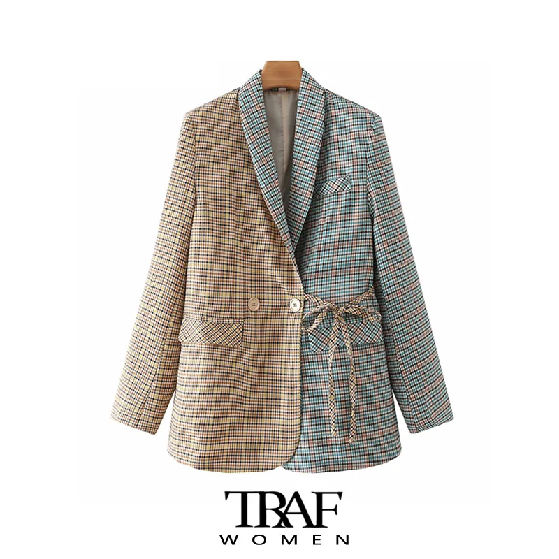 

TRAF Women Fashion With Tied Patchwork Check Blazer Coat Vintage Long Sleeve Flap Pockets Female Outerwear Chic Veste