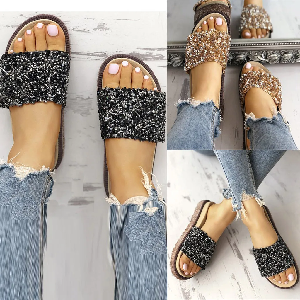 

SAGACE Sandals Womens Fashion Flats flip flops Sequin Crystal Open Toe Beach Shoes female Roman Slippers Womens Slip-On Sandals