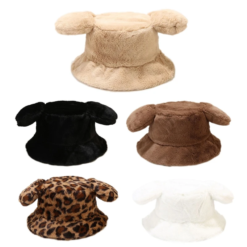 

Big Ear Solid Color/ Leopard Print Autumn Winter Faux Rabbit Fur Plush Hat Outdoor Trend Fisherman Casual Warm Hat