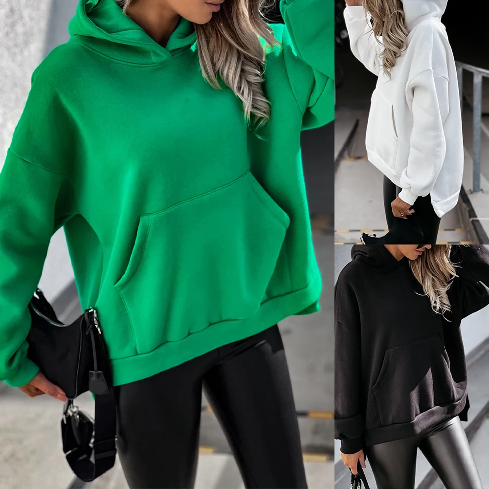 

Women Hooded Tops With Pocket Solid Color Spring/Autumn Long Sleeve High Street Hoodie Girl Ladies Pullover Blouses Tops