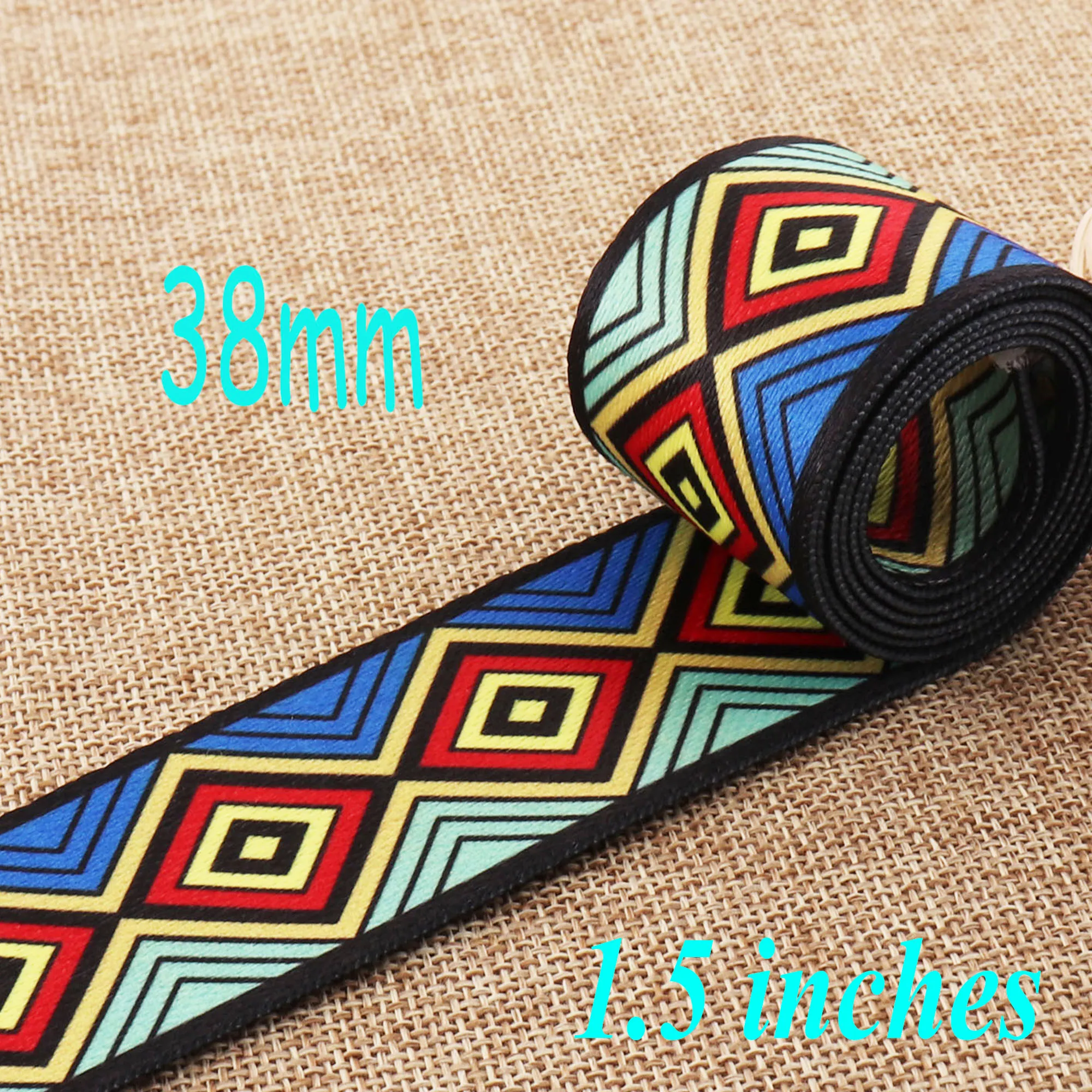 

1.5" Blue Ethnic Webbing Purse Strap Purse Soft Smooth Bag Geometric Pattern Woven Belt tote handles strap 38mm Webbing