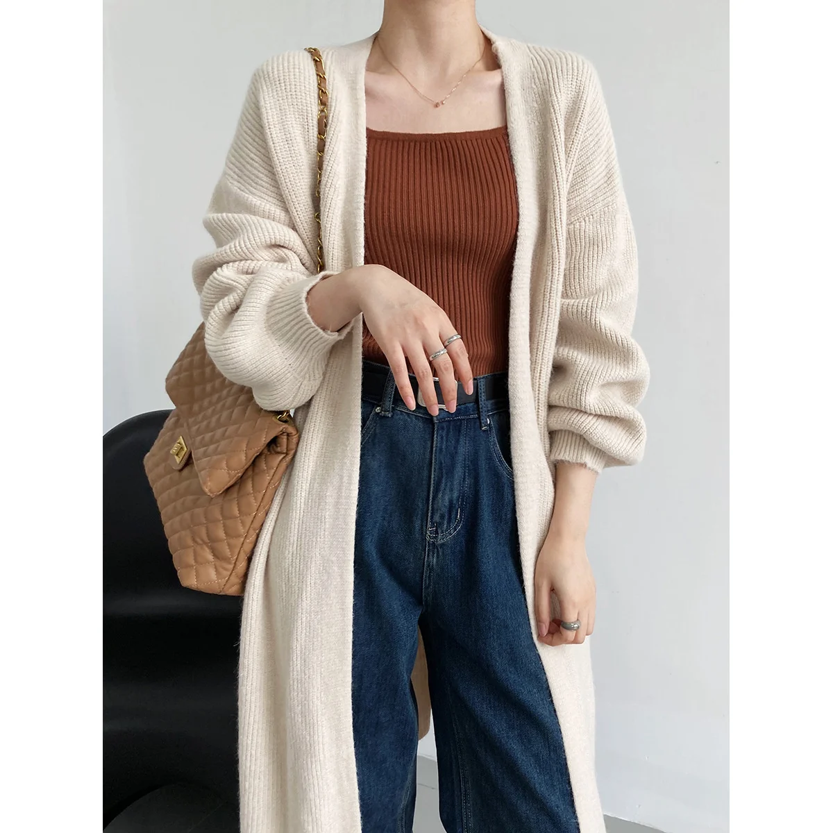 

Autumn Casual Long Sweater Coat Dress Women Knee Length Knitted Cardigan Lantern Sleeve Sweater Coat