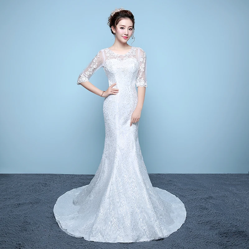 

Wedding Dresses Vintage O-Neck Half Embroidery Lace Backless Trumpet Luxury White Train Satin Elegant Women Bridal Gown FB679