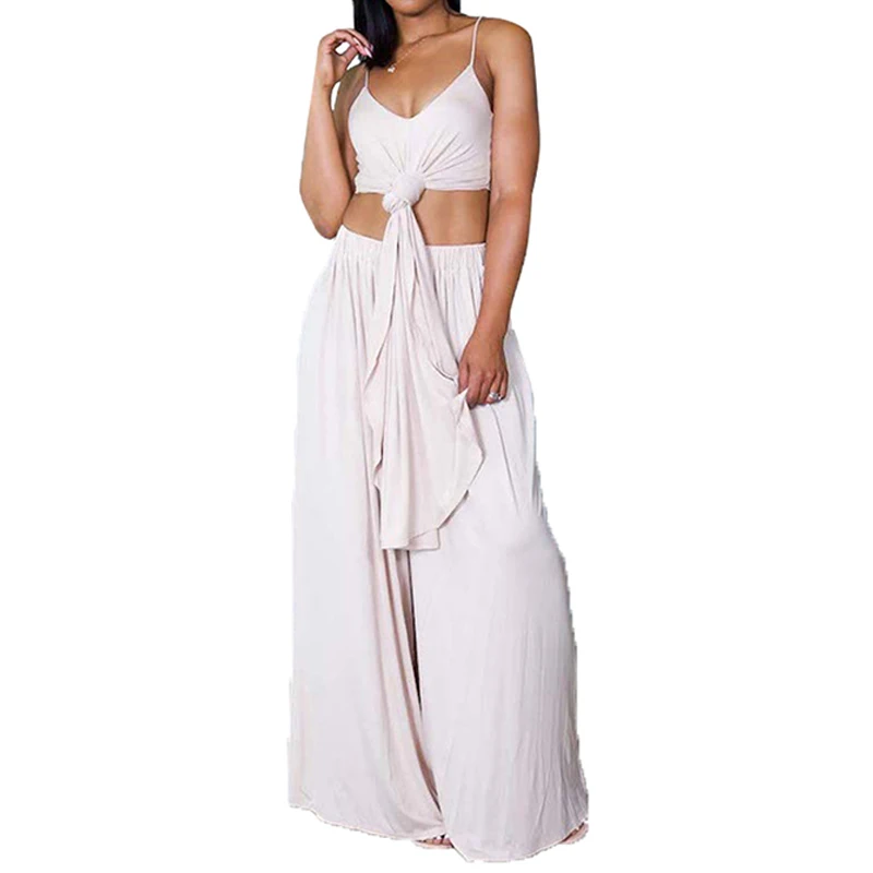 

Women Loose Pants Set Solid Color Sling O-Neck Sleevesless Long Top & High Waist Wide Leg Pants 2 Piece Set