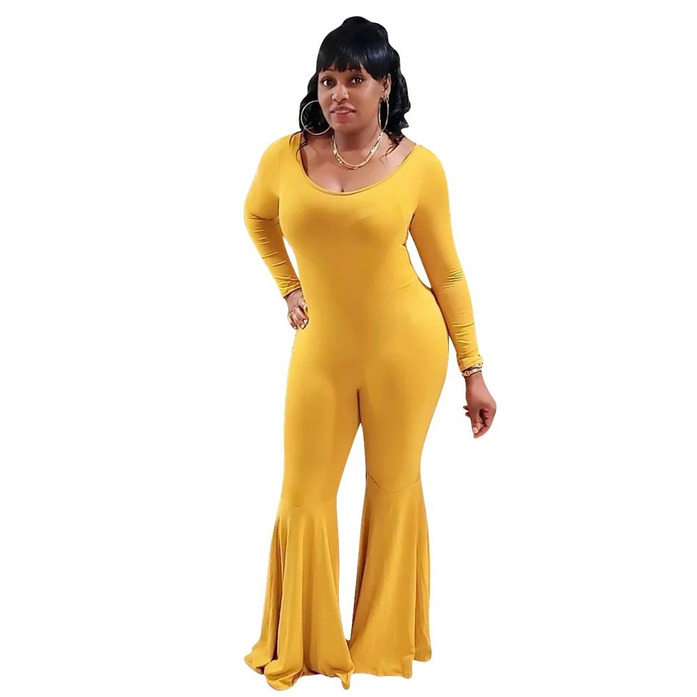 

Женские комбинезоны, осенние модные облегающие брюки-клеш с длинным рукавом, сексуальные однотонные комбинезоны с круглым вырезом, Женские...