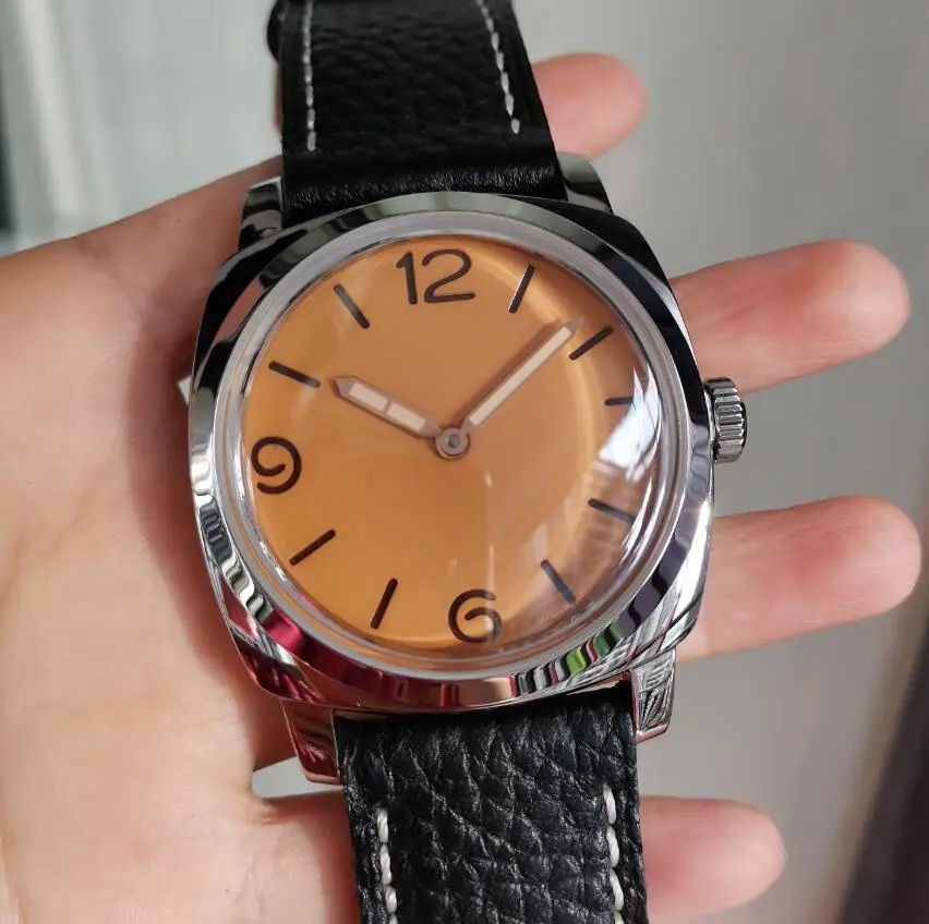Geervo Nenhum Logotipo Aço Inoxidável Relógio Mecânico Mão Vento Masculino Laranja Dial Parafuso Coroa Saliente Vidro 47mm 316l