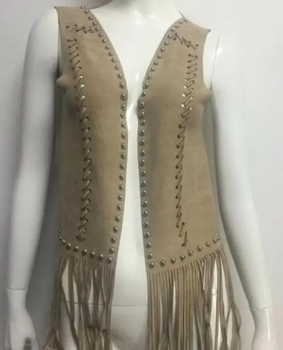 

Sleeveless Jacket Coat Vests Women Waistcoat Suede Rivet Leopard Tassel Boho Fashion Slim Long Vest Spring Autumn Outwear Gilet