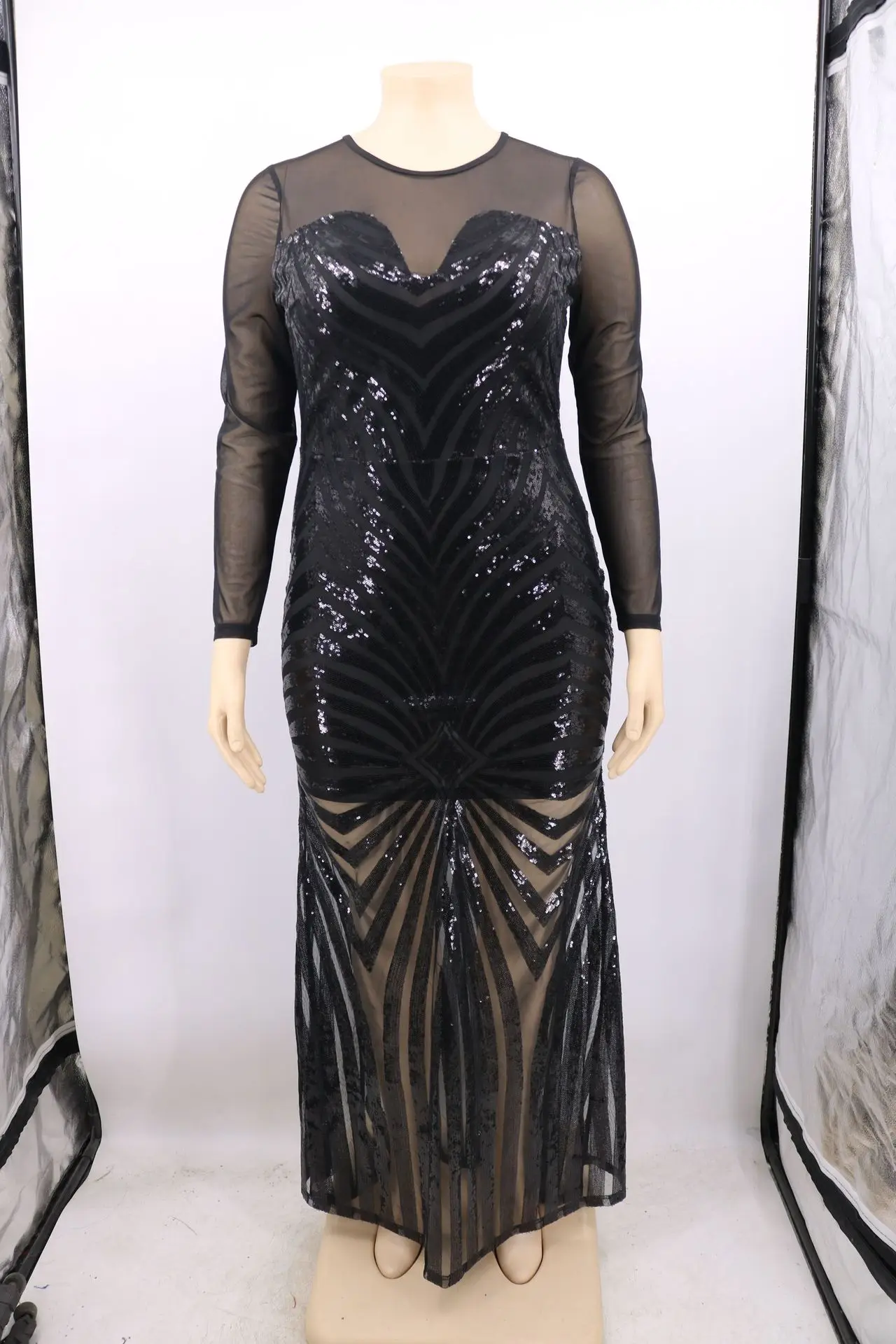 

Mesh Patchwork Women Sparkling Sequins Gown Dresses Autumn Plus Size Sexy See-Through O-neck Bodycon Mermaid Floor-length Dress