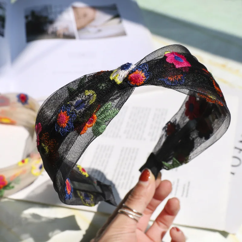 Женский широкий обруч для волос с цветочной вышивкой в стиле ретро летняя