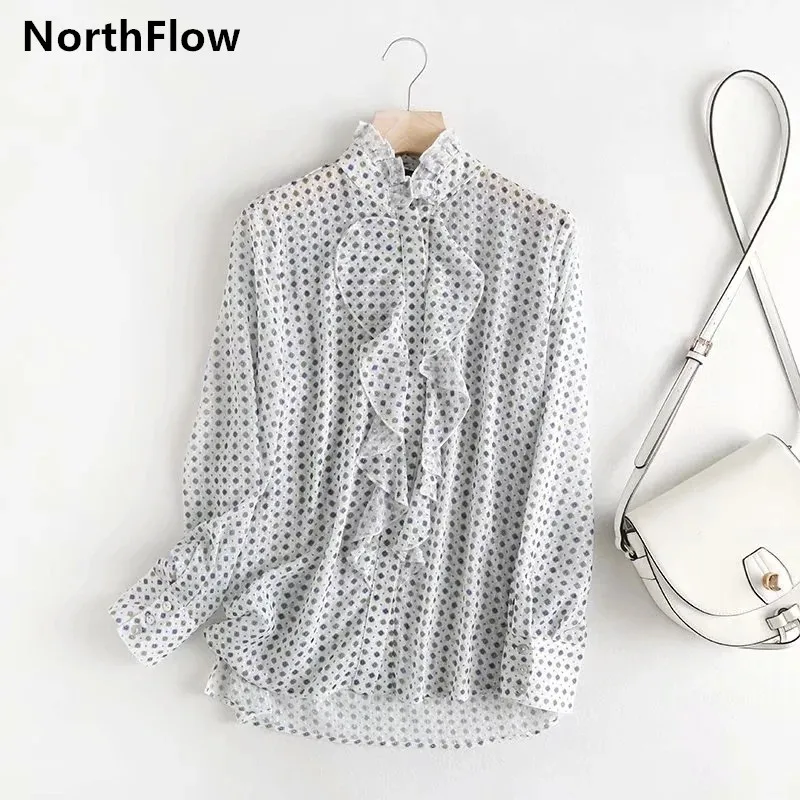Northflow 2020 blusas блузка оборки Флокированная точка mujer de moda кимоно каскадные блузки
