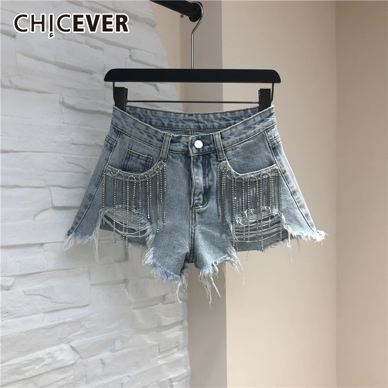 

CHICEVER Casual Tassel Denim Shorts For Women High Waist Patchwork Hole Straight Korean Jeans Female Summer Fashion 2021 Stylish