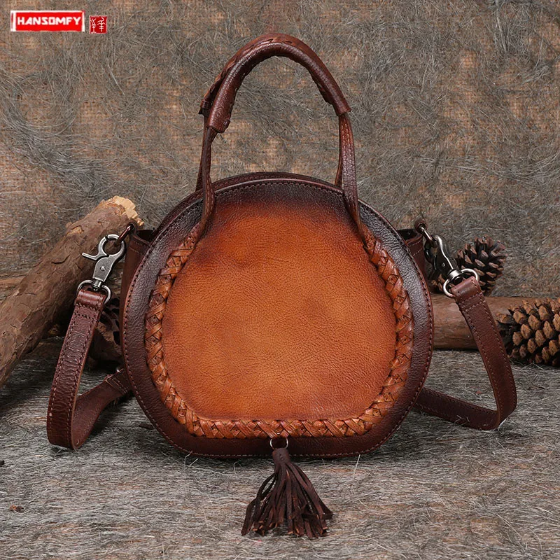 

2022 Retro Niche Leather Women Handbag Female Shoulder Messenger Bag Personality Tassel Small Round Bags Head Layer Cowhide Soft