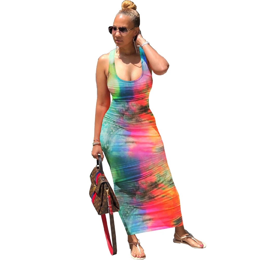 2020 Women Summer Tie Dye Galaxy Print Cross Open Back Sexy Sleeveless Tank Maxi Dress Beach Casual Slim Pencil Long Dresses | Женская