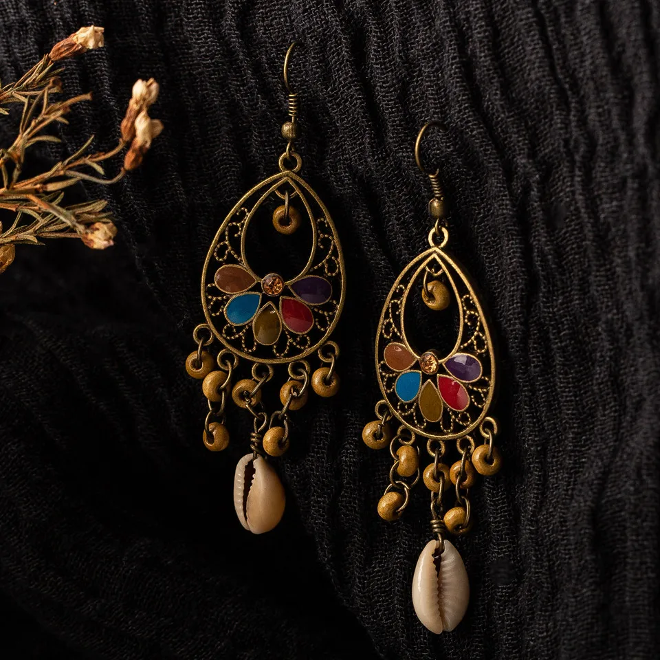 Старинные длинные кисточки серьги этнические натуральные деревянные раковины