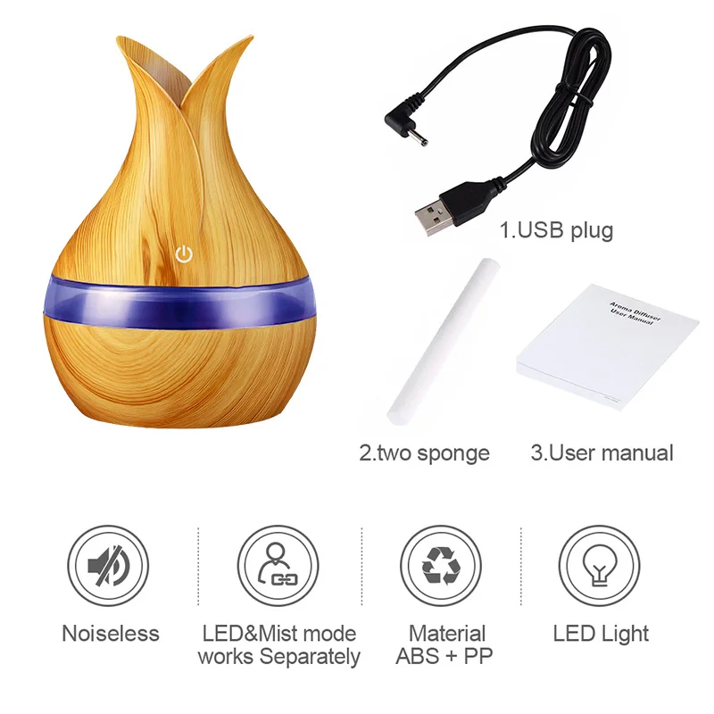 

Kbaybo 300ml USB Ultrasonic Aromatherapy Diffuser Wood Grain Ultrasonic Cool Mist Humidifier for Office Home Bedroom Living Room