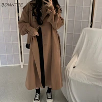 women trench coats england style solid all match cuff sashes medium long winter female bf ulzzang ladies casual streetwear chic